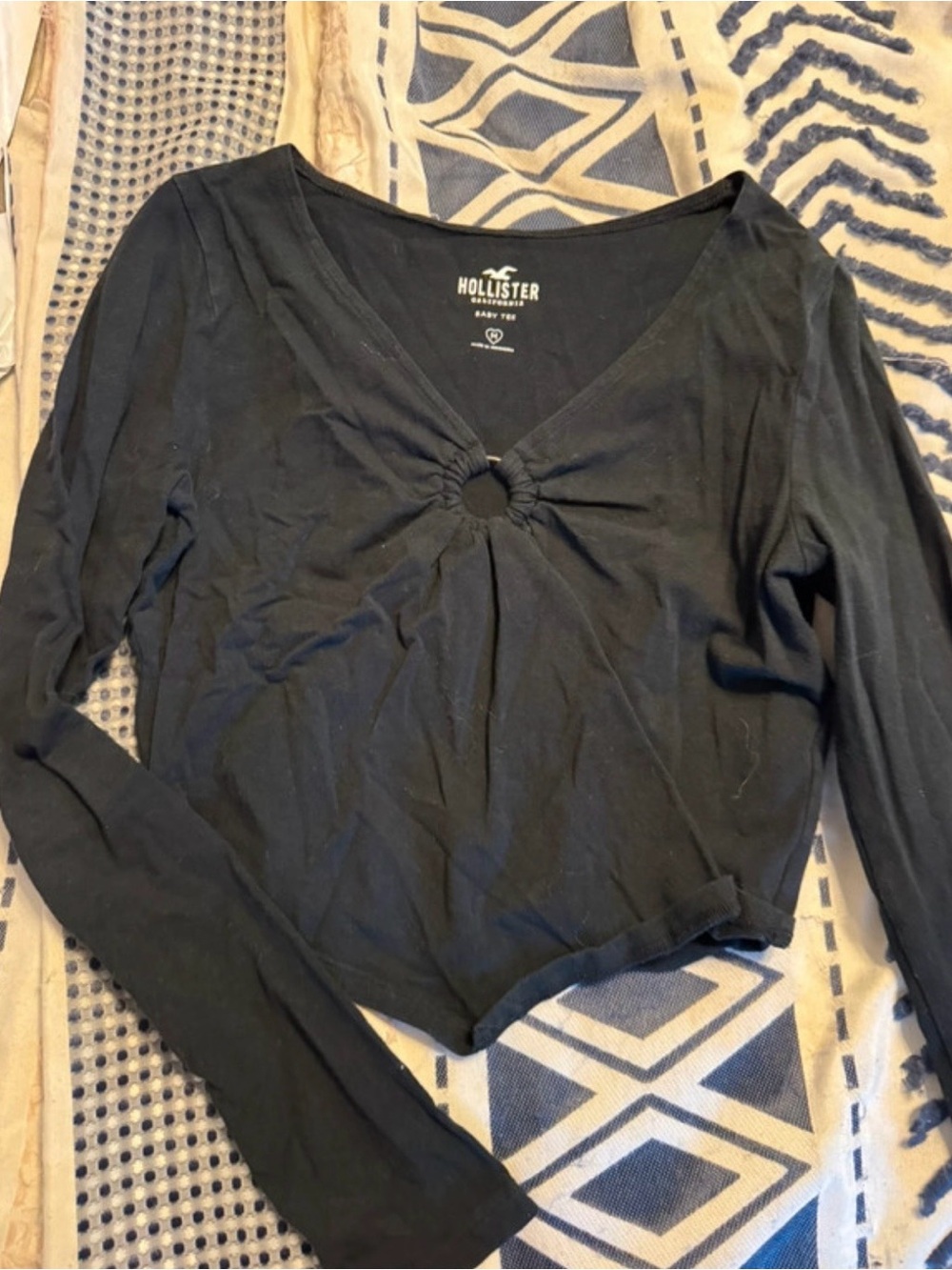 Hollister Black Long-Sleeve Crop Top with Ring Front